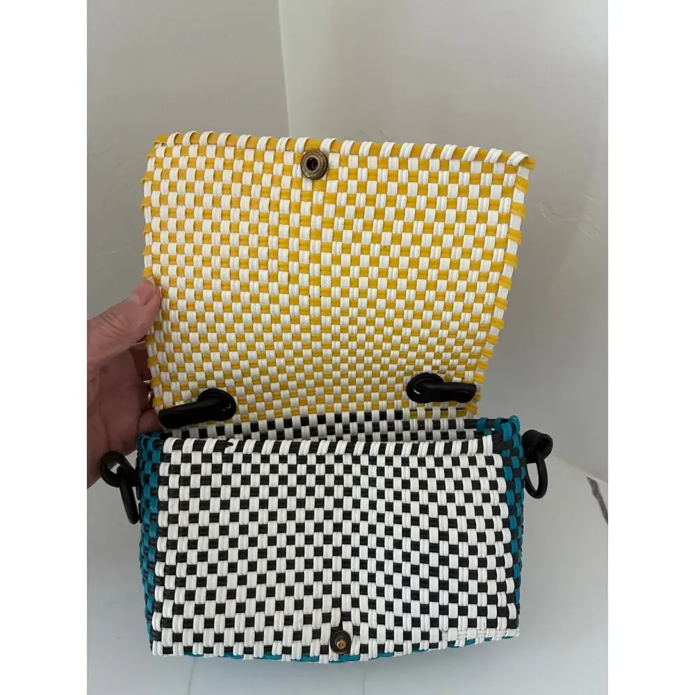 Truss Mini Top Handle Cross Body Plastic Woven Checkered Yellow Blue White Black